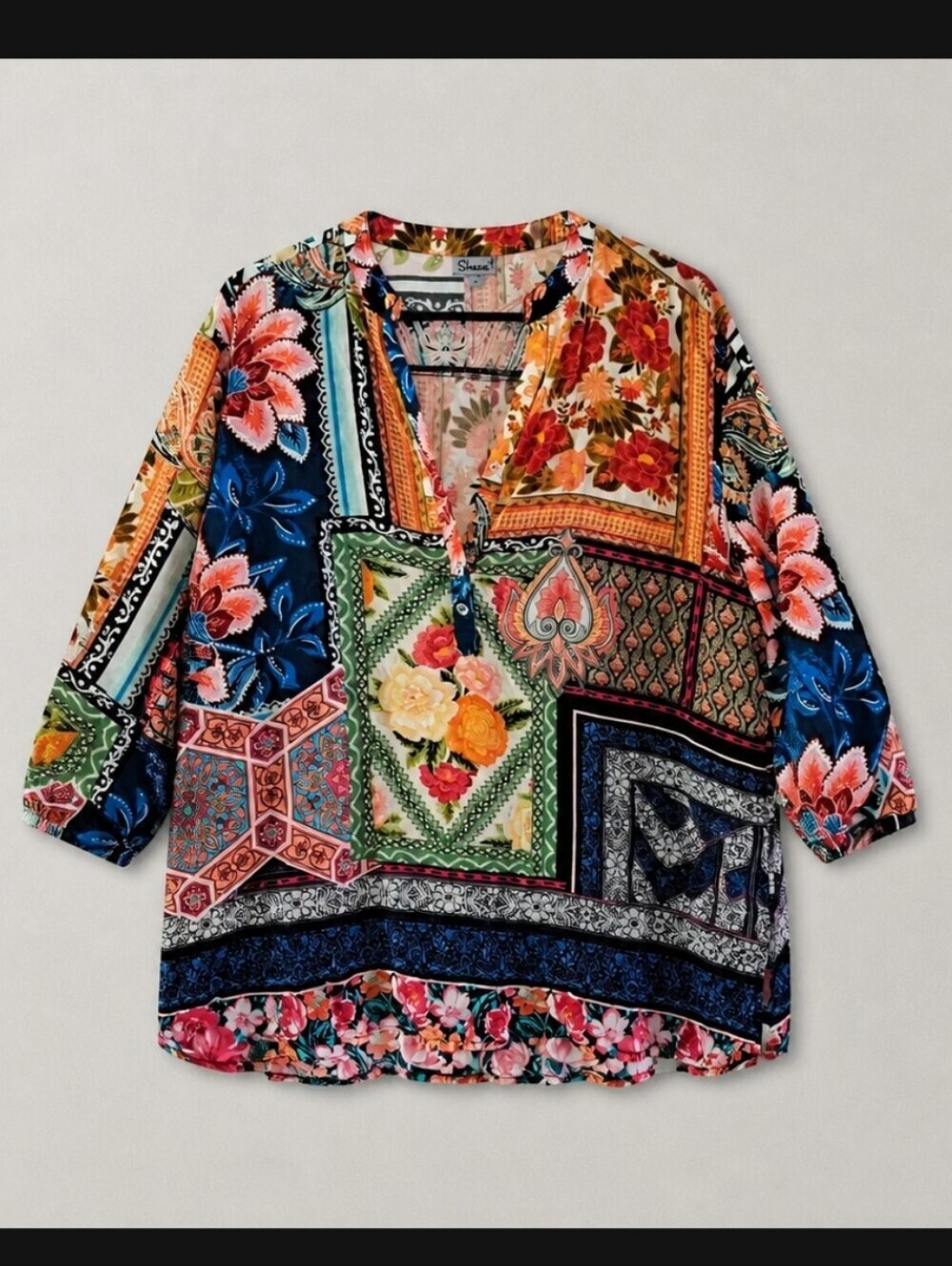 Shana Colorful Patchwork Floral Lightweight Tunic Top Roll-Tab Sleeves Size XL - Picture 2 of 9